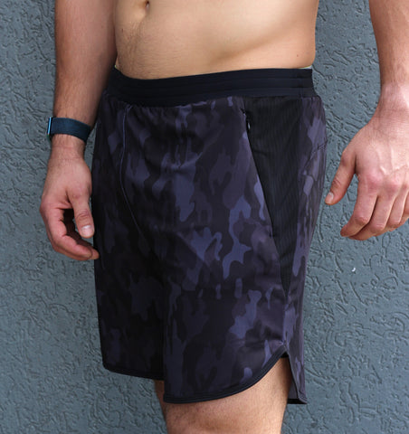 Men's black camo shorts with liner and hidden pockets