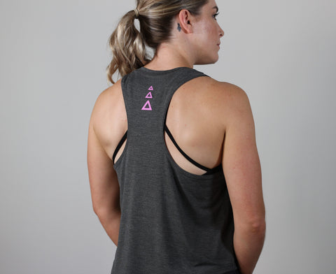 racer back gym tank top, in dark grey, with pink logo.