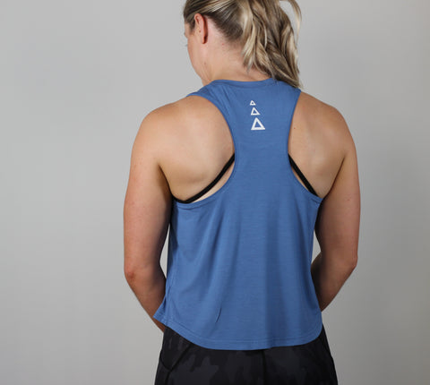 Blue gym tank top, with racer back, bamboo fabric.