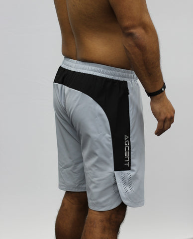 Light grey men's gym shorts 7" length, with zip pockets.
