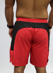 Red men's gym shorts, with zip pockets.