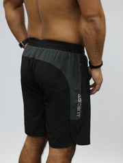 Black men's gym shorts, with zip pockets.
