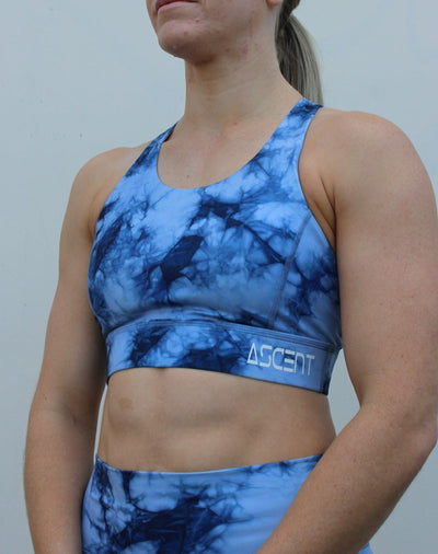 Sports bra, blue tie dye, with back strap feature