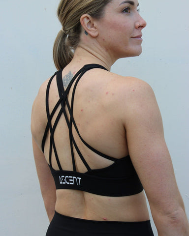 Ladies black sports bra, with stunning back straps.