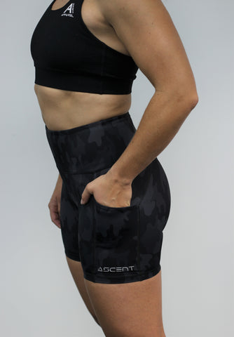Ladies black camo gym shorts with pockets
