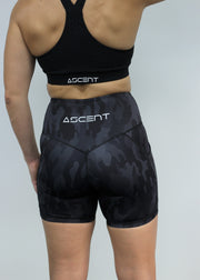 Ladies black camo  gym shorts with pockets