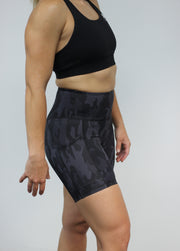 Ladies black camo gym shorts with pockets
