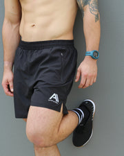 Men's black shorts, with zip pockets. 5 inch inseam.
