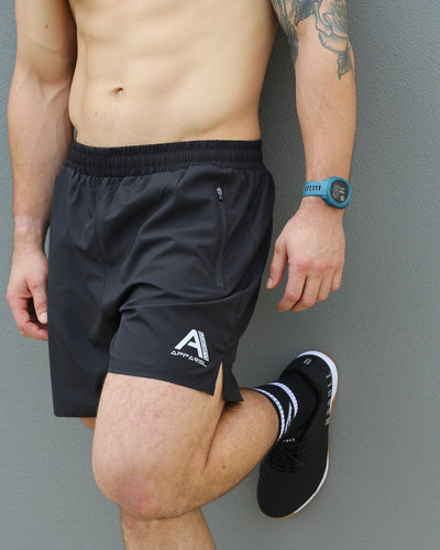 Men's black shorts, with zip pockets. 5 inch inseam.