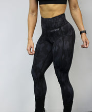 Black camo, high waisted leggings, 7/8th length with pockets