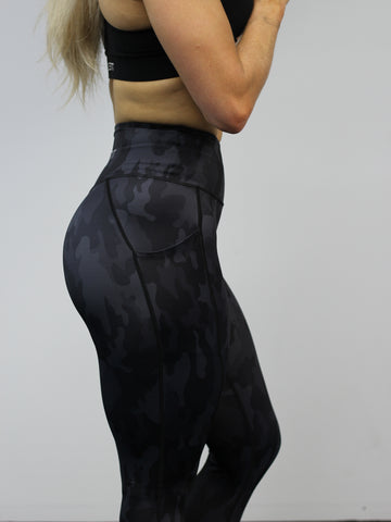 Black Camo leggings with pockets, high waisted 7/8th length
