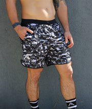 men's urban camo shorts, with hidden zip pockets and compression liner