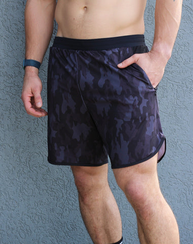 men's black camo shorts, with zip pockets